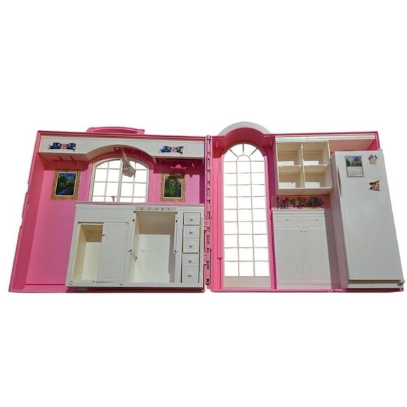 Vintage Barbie Happy Family Doll House Mattel 1998 Kitchen Pink Fold Up - Picture 2 of 11